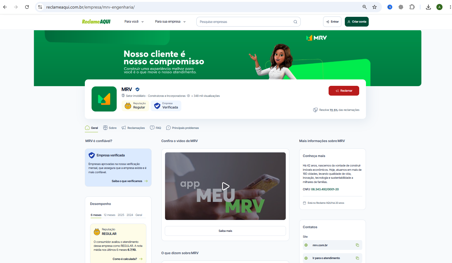 Print real do Reclame Aqui: perfil MRV, reputação Regular, empresa verificada, resolve 72,5% das reclamações