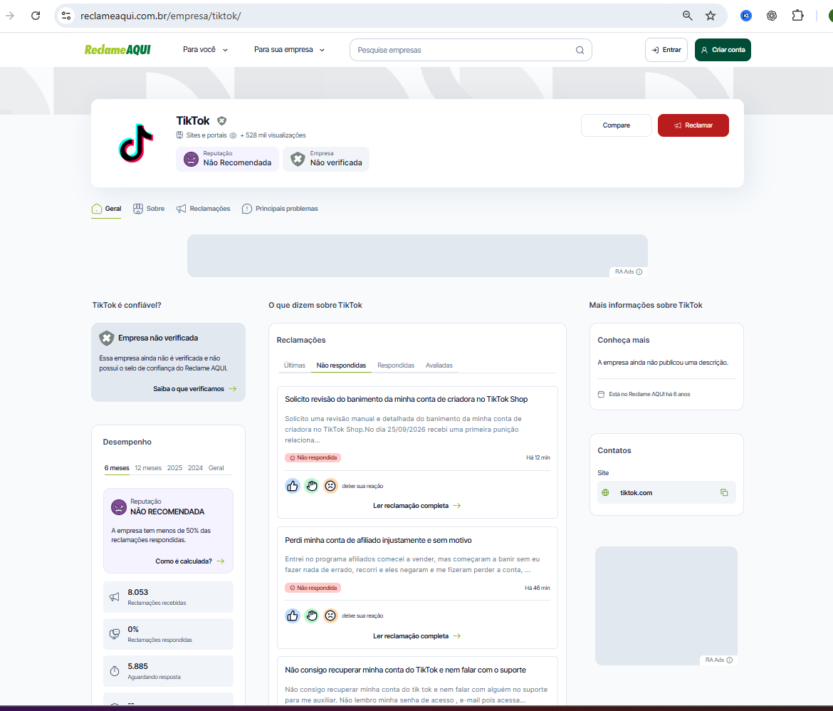 Página do TikTok no Reclame Aqui: reputação Não Recomendada, empresa não verificada, 8.053 reclamações recebidas e 0% respondidas