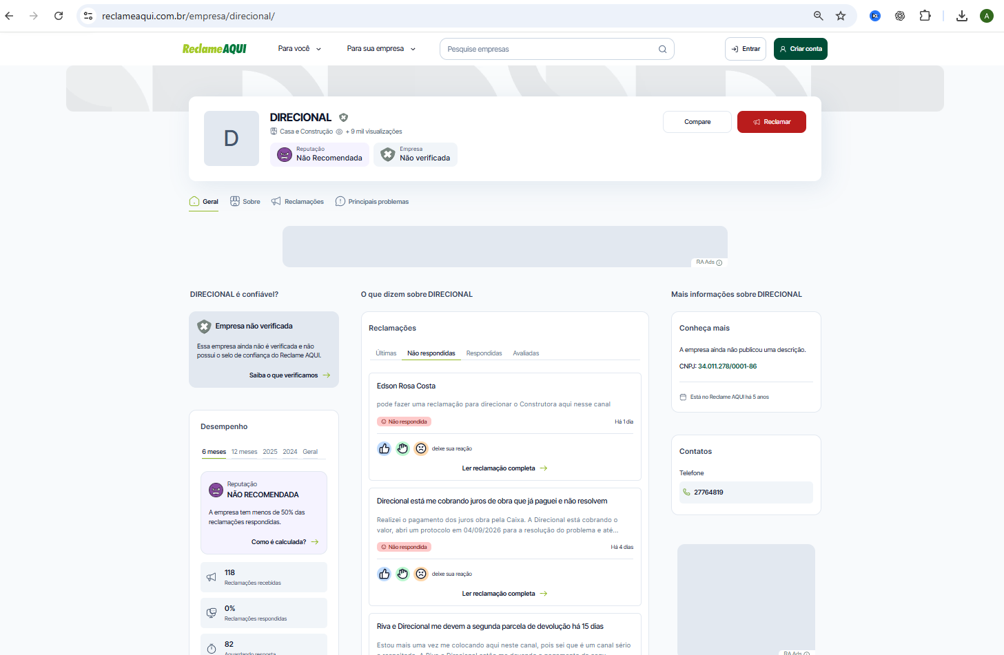 Print real do Reclame Aqui: perfil DIRECIONAL, categoria Casa e Construção, reputação Não Recomendada, empresa não verificada